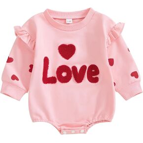 MBMSHEGH Baby Girls Valentine's Day Romper Heart Print Letter Embroidery Long Sleeve Crew Neck Bubble Jumpsuit Spring Outfits