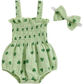 St Patricks يوم طفلة الزي الطويل الأكمام فقاعة رومبير شامروك طباعة bodysuit
