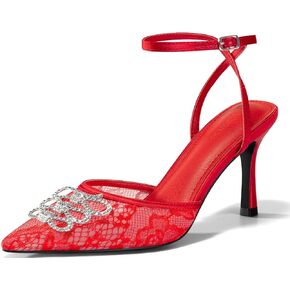 Coutgo Womens Rhinestone High Heels Closed Pionted Toe Bow Mesh Pumps Ankle Strap Wedding Bride Dress Shoes