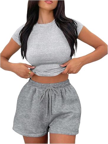 Milumia Women's 2 Piece Outfits Fitted Short Sleeve Tee and Drawstring Shorts Sets in Saudi Arabia