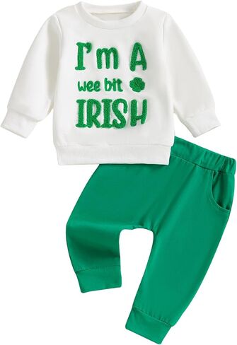 Toddler Baby Boy St Patricks Day Outfit Letter Clover Print Long Sleeve Sweatshirt Sweatpants Set Spring Clothes in Kuwait