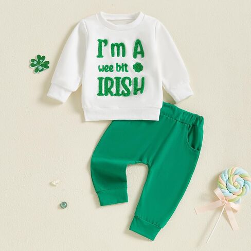 Toddler Baby Boy St Patricks Day Outfit Letter Clover Print Long Sleeve Sweatshirt Sweatpants Set Spring Clothes in Kuwait