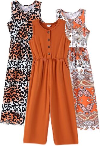 Patpat 3 Pack Girls Phemsuits Solid Color Floral Print Button Downlyless Belesuits bants romper الطويل مع جيوب 5-12y in Kuwait