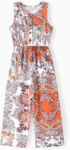 Patpat 3 Pack Girls Phemsuits Solid Color Floral Print Button Downlyless Belesuits bants romper الطويل مع جيوب 5-12y in Kuwait
