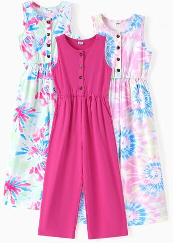 Patpat 3 Pack Girls Phemsuits Solid Color Floral Print Button Downlyless Belesuits bants romper الطويل مع جيوب 5-12y in Kuwait
