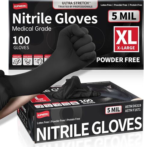 Disposable Nitrile Gloves, 5Mil Chemical Resistant Powder-Free Latex-Free Glove for Exam Cooking Tattoo Black 100Pcs in Kuwait