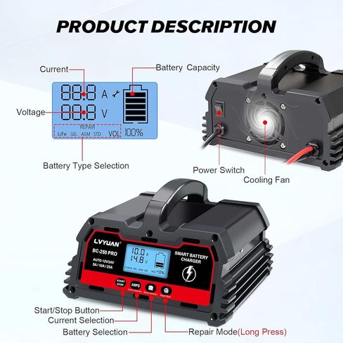 شاحن بطارية السيارة LVYUAN 12 فولت/24 فولت مع شاحن متقطع، شاحن بطاريات ذكي للسيارات، حافظة بطارية ذكية، 5 أمبير/10 أمبير/20 أمبير لبطاريات الليثيوم وحمض الرصاص LiFePO4 للسيارة والشاحنات والدراجات النارية in Kuwait