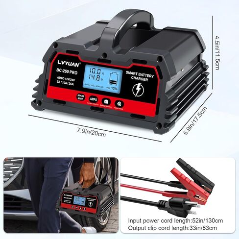 شاحن بطارية السيارة LVYUAN 12 فولت/24 فولت مع شاحن متقطع، شاحن بطاريات ذكي للسيارات، حافظة بطارية ذكية، 5 أمبير/10 أمبير/20 أمبير لبطاريات الليثيوم وحمض الرصاص LiFePO4 للسيارة والشاحنات والدراجات النارية in Kuwait