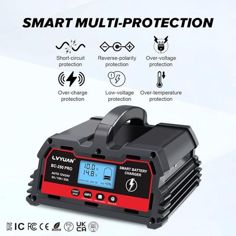 شاحن بطارية السيارة LVYUAN 12 فولت/24 فولت مع شاحن متقطع، شاحن بطاريات ذكي للسيارات، حافظة بطارية ذكية، 5 أمبير/10 أمبير/20 أمبير لبطاريات الليثيوم وحمض الرصاص LiFePO4 للسيارة والشاحنات والدراجات النارية in Kuwait