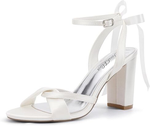 Mofri ShowHow Women's Silk Bow Tie Heels Ankle Strap Chunky Block Heel Dress Sandals Cross Strap Open Toe Wedding Bridal Heels in Saudi Arabia