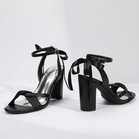 Mofri ShowHow Women's Silk Bow Tie Heels Ankle Strap Chunky Block Heel Dress Sandals Cross Strap Open Toe Wedding Bridal Heels in Saudi Arabia
