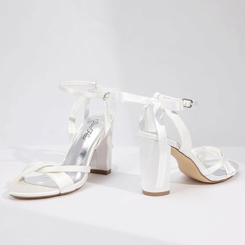 Mofri ShowHow Women's Silk Bow Tie Heels Ankle Strap Chunky Block Heel Dress Sandals Cross Strap Open Toe Wedding Bridal Heels in Saudi Arabia
