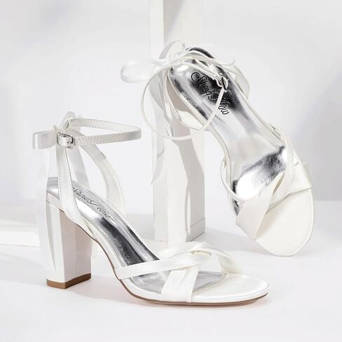 Mofri ShowHow Women's Silk Bow Tie Heels Ankle Strap Chunky Block Heel Dress Sandals Cross Strap Open Toe Wedding Bridal Heels in Saudi Arabia