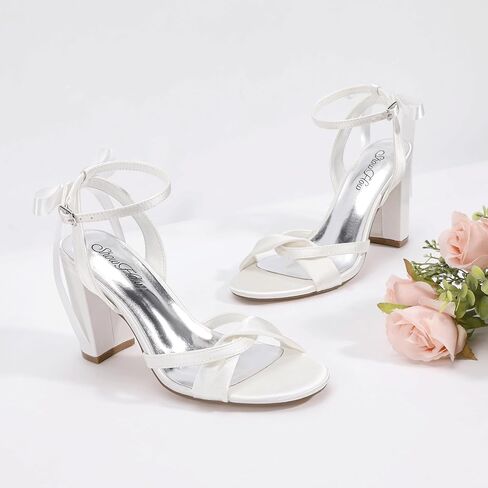 Mofri ShowHow Women's Silk Bow Tie Heels Ankle Strap Chunky Block Heel Dress Sandals Cross Strap Open Toe Wedding Bridal Heels in Saudi Arabia