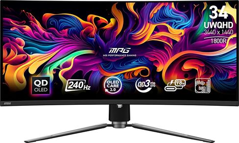 MSI MAG341CQP QD-OLED، شاشة ألعاب OLED منحنية 34 بوصة، 3440 × 1440 (UWQHD)، وقت استجابة OLED 0.03 مللي ثانية، 175 هرتز، True Black HDR 400، HDMI، منفذ DP، USB من النوع C، إمالة، ارتفاع in Saudi Arabia
