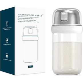 KITCHENDAO Glass Sugar Dispenser with Side Pour Spout, Built-in Lid to Slow Down Dampness with Measuring Marks, Elegant Borosilicate Glass Sugar Shaker for Coffee Bar, BPA Free,12oz (White)