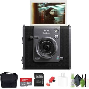 Fujifilm Instax Wide Evo Hybrid Form Film Camera (16840957) حزمة مع بطاقة ذاكرة 32 جيجابايت + علبة مبطنة + مجموعة تنظيف + المزيد