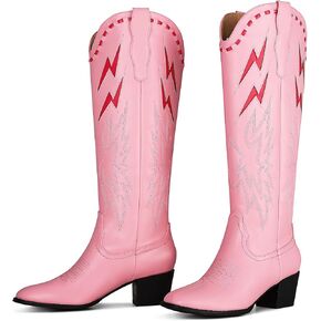 LinnOaks Pink Cowboy Boots for Women Almond Round Toe Chunky Mid Heel Knee High Boots Pull On Embroidered Wedding Party Dress Cowgirl Boots, Pink - Size 9