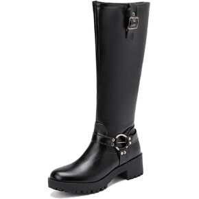 Jozhamta Women's Knee High Boots Buckle Heel Heel Riding Boots Wide Calf Fall Winter Shoes