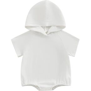 Baby Boy Girl Hoodie Romper Newborn Solid Color Short Sleeve Hooded Bodysuit Neutral Summer Clothes