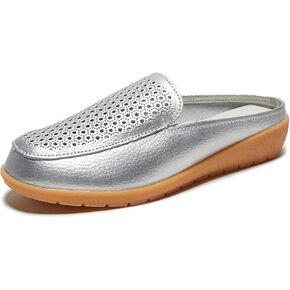 Womens Leather Hollow Slip-On Lightweight Flat Mules Closed Round Toe Comfortable Soft Non-Slip Backless Casual Penny Shoes for Daily Walking Outdoor