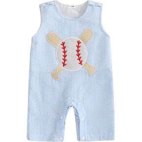 Newborn Baby Boy Summer Outfit Baseball/Sailboat Embroidery Sleeveless Tank Romper Jumpsuit Infant Striped Overalls in Kuwait