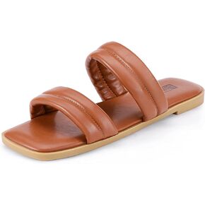 IDIFU Women's Flat Sandals for Women Square Open Toe Two Soft Band Slip On Summer Comfortable Dressy Slide Beach Casual Wedding Dress Sandals