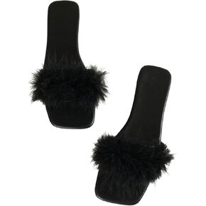 Women's Sexy Flat Sandals Fuzzy Feather Dressy Flat Sandals Slip On Square Slipper Open Toe Fuzzy Slides Slippers