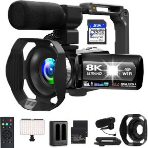 8K Video Camera, Camcorder 48MP 15FPS UHD WiFi Vlogging Camera with IR Night Vision for YouTube, 3" Touch Screen with 18X Digital Zoom, Fill Light, Mic, Stabilizer, Lens Hood, Remote and 2 Batteries