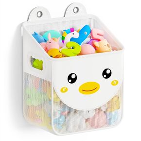 Quick Fetch Way Bath Toy Storage, Cute Mesh Bath Toy Organizer, Large Capacity and Large Opening Baby Bathtub Toy Holder for Tub, Multipurpose Mesh Shower Bag (White)
