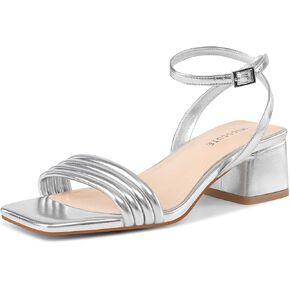 MUCCCUTE Strappy Heels for Women Chunky Heel Open Square Toe Ankle Strap 2 in Low Heeled Sandals