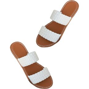 GORGLITTER Women's Braided Double Band Vacation Flats Round Open Toe Pu Leather Slide Sandals