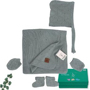 Soft Baby Blanket Gift Set Green– Includes Soft Knit Pointelle Blanket 30"x40", Baby Hat, Gloves & Booties – Eco-Friendly Newborn Essentials in Gift Box