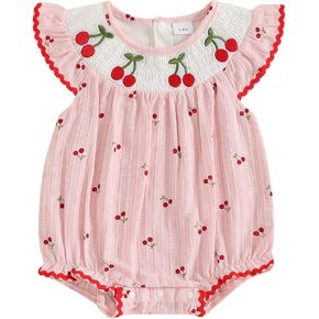 Infant Baby Girl Smocked Bubble Romper Bow Embroidery Striped Bodysuit Cute Fly Sleeve Summer Jumpsuit Clothes