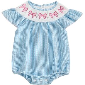 Infant Baby Girl Smocked Bubble Romper Bow Embroidery Striped Bodysuit Cute Fly Sleeve Summer Jumpsuit Clothes in Saudi Arabia