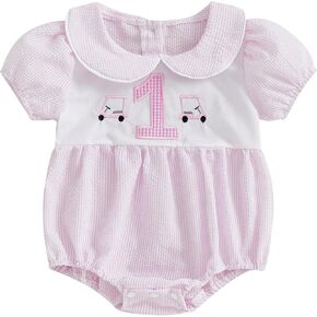 Baby Girl First Birthday Outfit Golf Cart/Letter Short Sleeve Doll Collar Striped Smocked Romper One Year Old Shirt