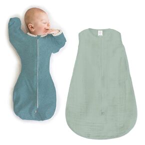 SwaddleDesigns Baby Sleep Sack Set, Teal and Jadeite, 3-6 Mo Transitional Swaddle Sack with Arms Up Half-Length Sleeves & Mitten Cuffs and 0-6 Mo Cotton Muslin Sleep Sack with 2-Way Zipper
