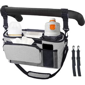 Cup Holder Attachment for Stroller Organizer, Stroller Accessories, Etachable Shoulder Strap, Baby Travel Essential, Non-Slip Secure Hooks Accessories, Fits Most Strollers Off White