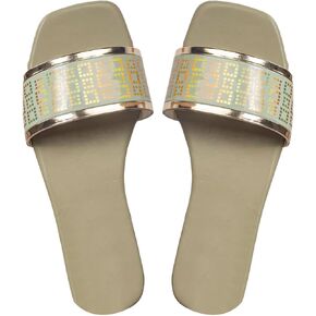 Verdusa Women's Metallic Colorblock Flat Sandals Square Open Toe Slip on Slides