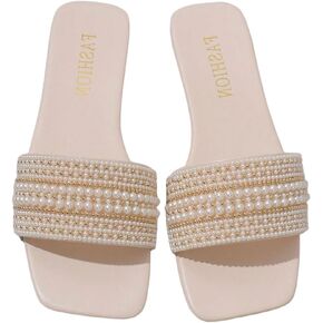 Verdusa Women's Pearl Decor Flat Sandals Slip Open Toe Leather Slippers Slip on Slides
