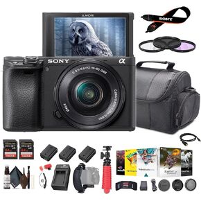 Sony a6400 Mirrorless Camera with 16-50mm Lens (ILCE-6400L/B) + 2 x 64GB Memory Card + 2 x NP-FW50 Battery + Photo Software + Filter Kit + More