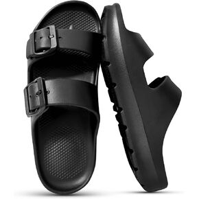 Men's Women's Sandals, Comfortable Beach Slippers Durable Waterproof EVA Flat Slides Black and Navy Sandals with Adjustable Buckle, Non-Slip Footbed & Arch Support for Walking Hiking Outdoor, Footbed Size Men 6-11 Women 7-12