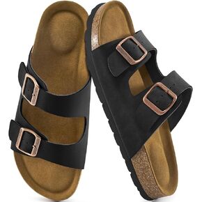 Aomigoct Sandals Womens Dressy Flat: Black 8.5 Comfortable Cork Footbed Sandals Women - Beach Summer Walking Slides for Women