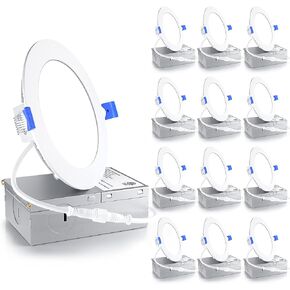 Ensenior 12 Pack 6 Inch LED Recessed Light, Dimmable, 5000K Daylight, 1050LM High Brightness, 12W 120V, Damp Rated, Ultra-Thin Canless Wafer Ceiling Light - ETL & FCC & IC