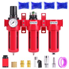 TAILONZ PNEUMATIC 0-150PSI 3/8 Inch NPT Aluminum Alloy Industrial Grade Three Stage Air Drying System, Particulate Filter, Coalescing Filter, Desiccant Dryer and Air Regulator (Manual Drainage)