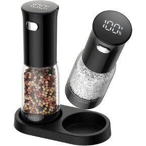 Electric Salt and Pepper Grinder Set with LED Power Indicator, 5-Level Grind Adjustment, Upgraded Capacity Rechargeable Salt and Pepper Shakers Set with Storage Base, LED Lighting for Kitchen