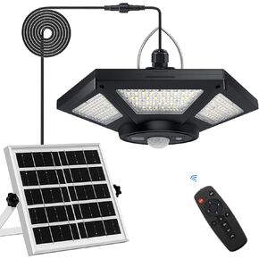 Aqonsie Solar Shed Light Indoor Outdoor Solar Powered Pendant Daytime Work Lights with 5 Lighting Modes & 3 Timers, 180LED Solar Indoor Lights Motion Sensor with Remote Control for Shed Barn Garage