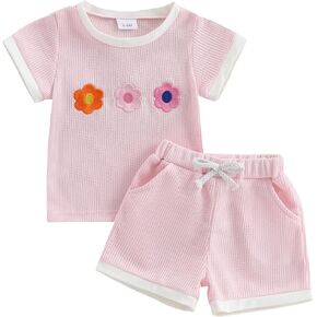 Toddler Girl Waffled Short Clothes 3D Crochet Flower Short Sleeve Tops Elastic Waist Jogger Shorts 2Pcs Summer Outfit