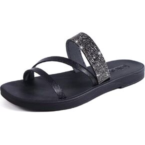 ONCAI Women's Flat Sandals Summer Dressy Casual Sandals Women Fashion Rhinestone Square Toe Slip On Ladies Slides Comfortable Cushion Footbed Beach Flat Sandal For Woman Size 6-11