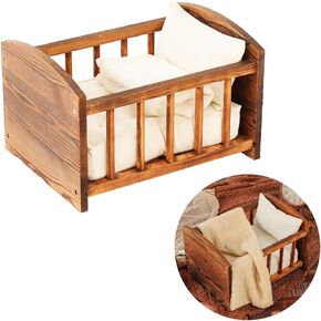 Kate Newborn Photography Props Brown Wooden Bed Props Posing Doll Bed with Mattress Pillow Bed Mat and Stretch Wrap Posing Newborn Props for Baby Photography